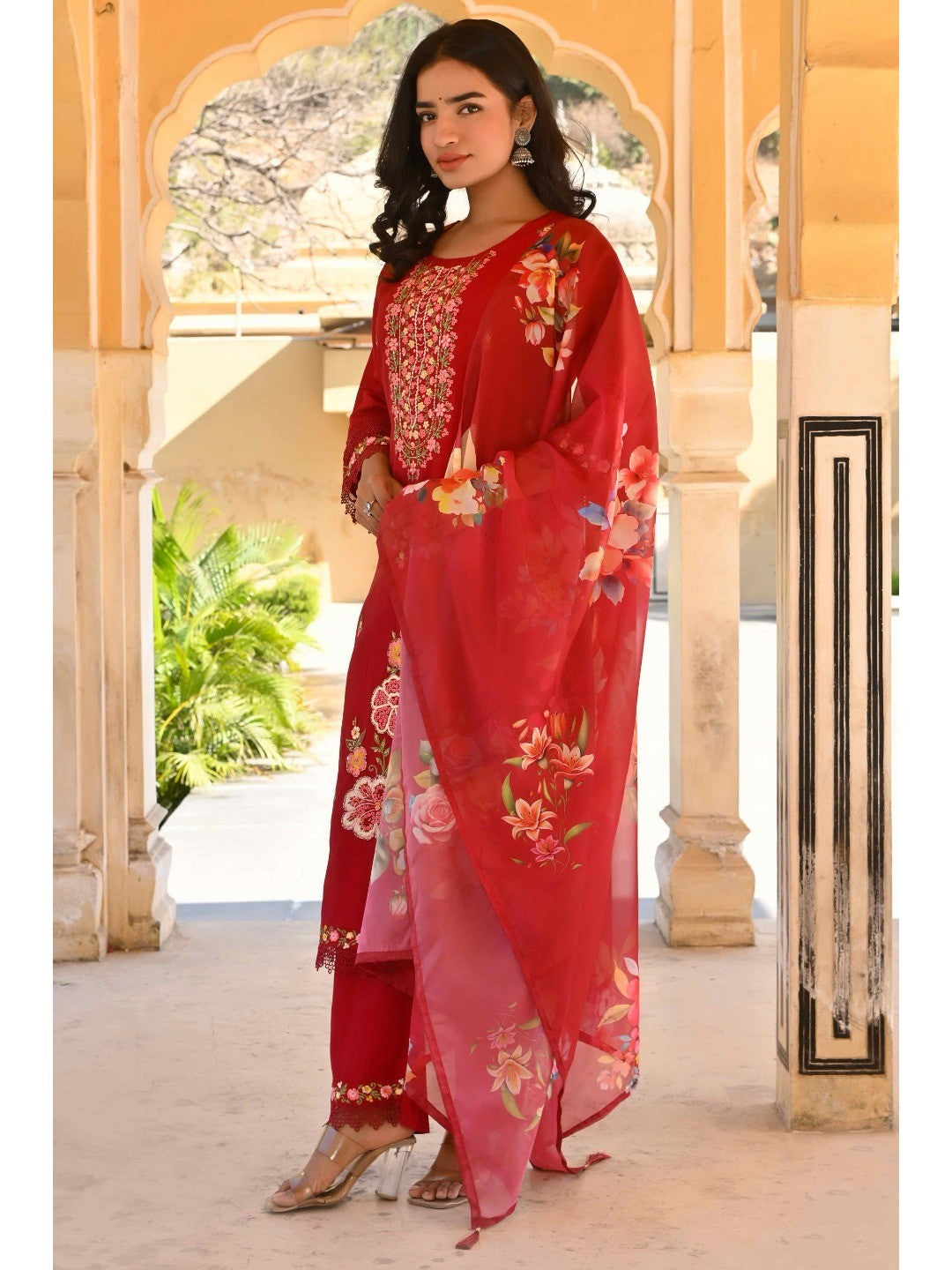 Maroon Floral Embroidered Chanderi Silk Salwar Suit - Image 2