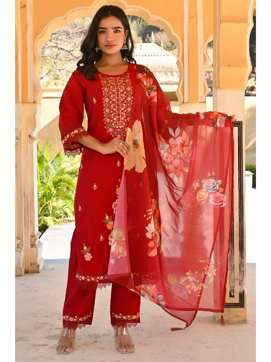 Maroon Floral Embroidered Chanderi Silk Salwar Suit - Image 8