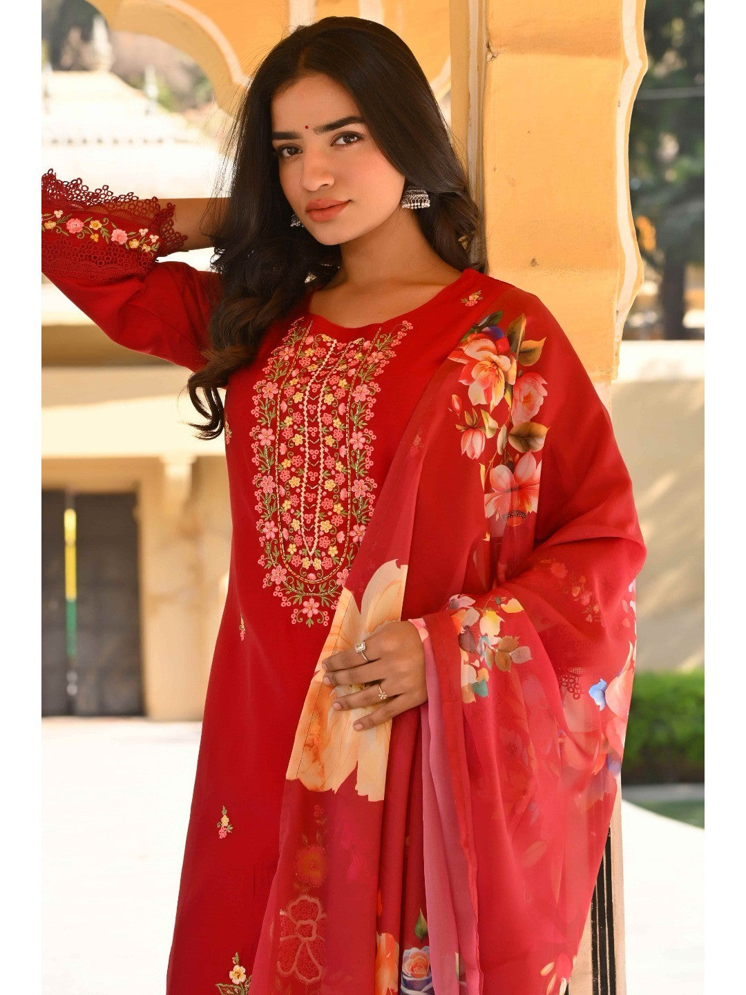 Maroon Floral Embroidered Chanderi Silk Salwar Suit - Image 7