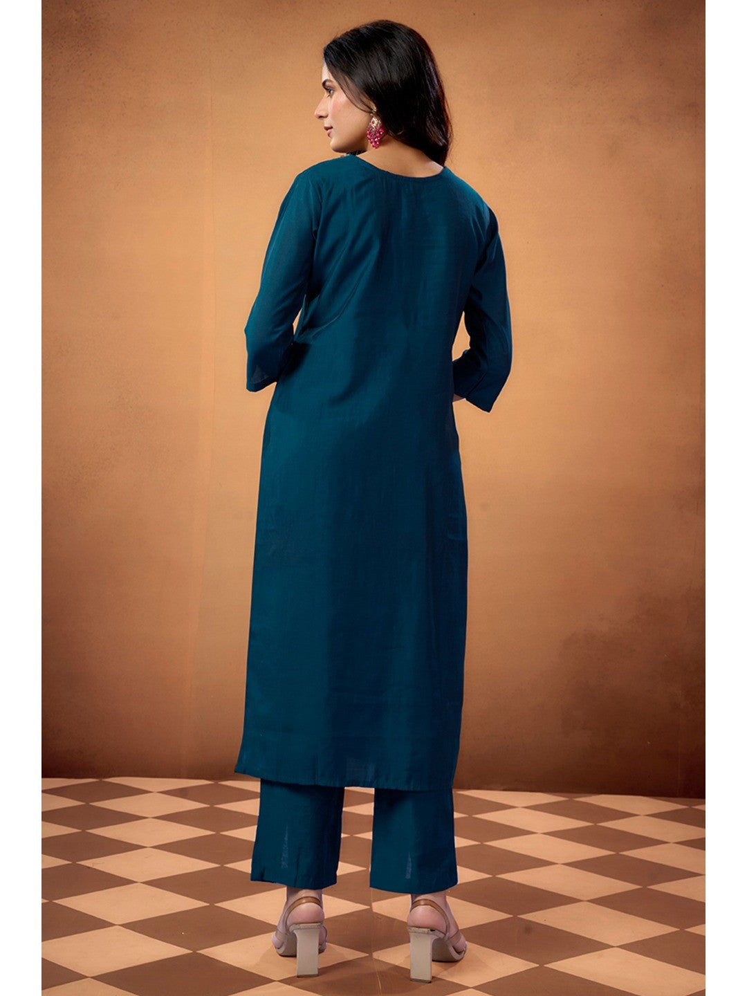Blue Sequins Embroidered Chanderi Silk Straight Salwar Suit - Image 3