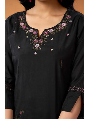 Black Sequins Embroidered Chanderi Silk Straight Salwar Suit - Image 2