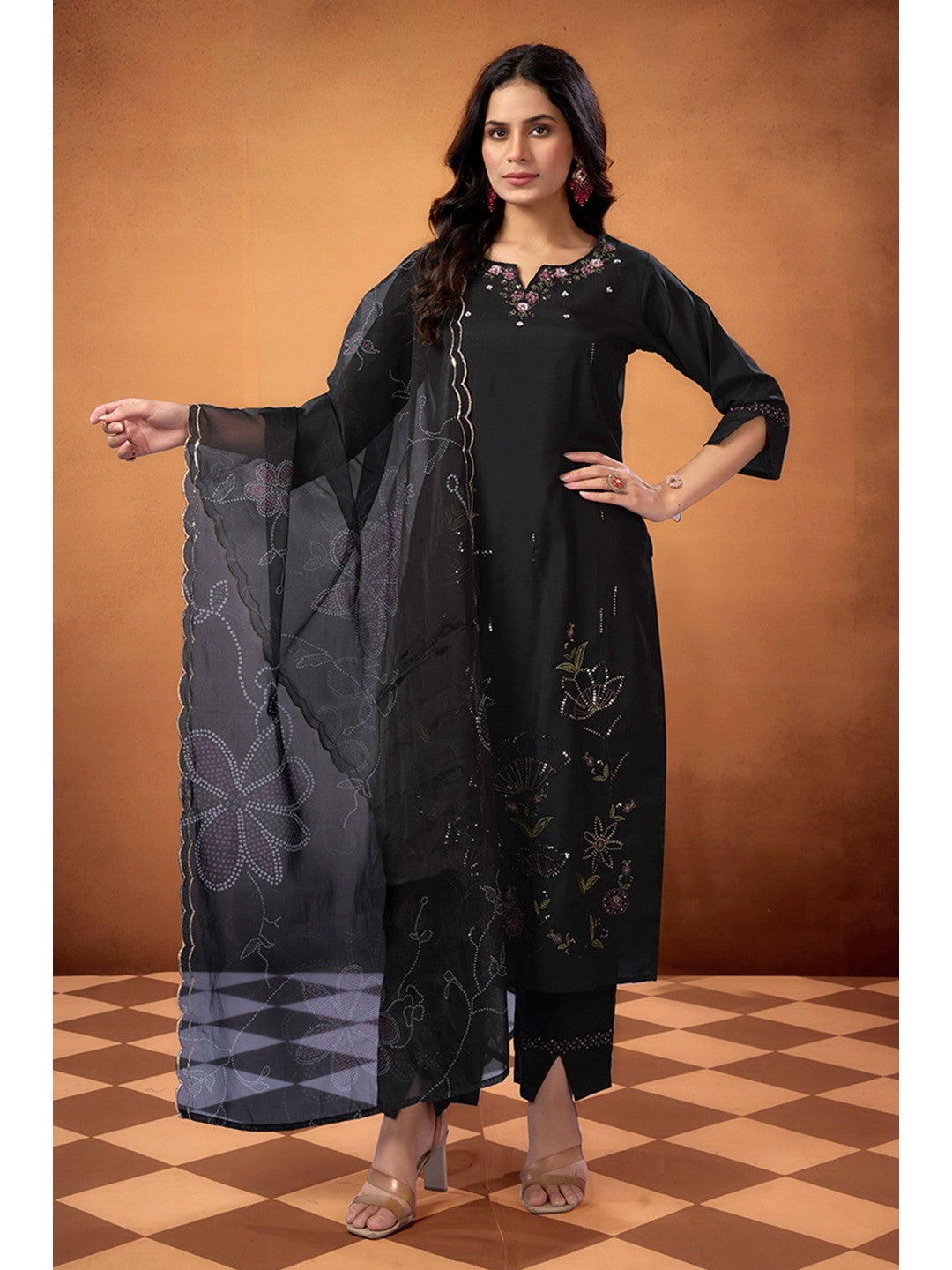 Black Sequins Embroidered Chanderi Silk Straight Salwar Suit - Image 5