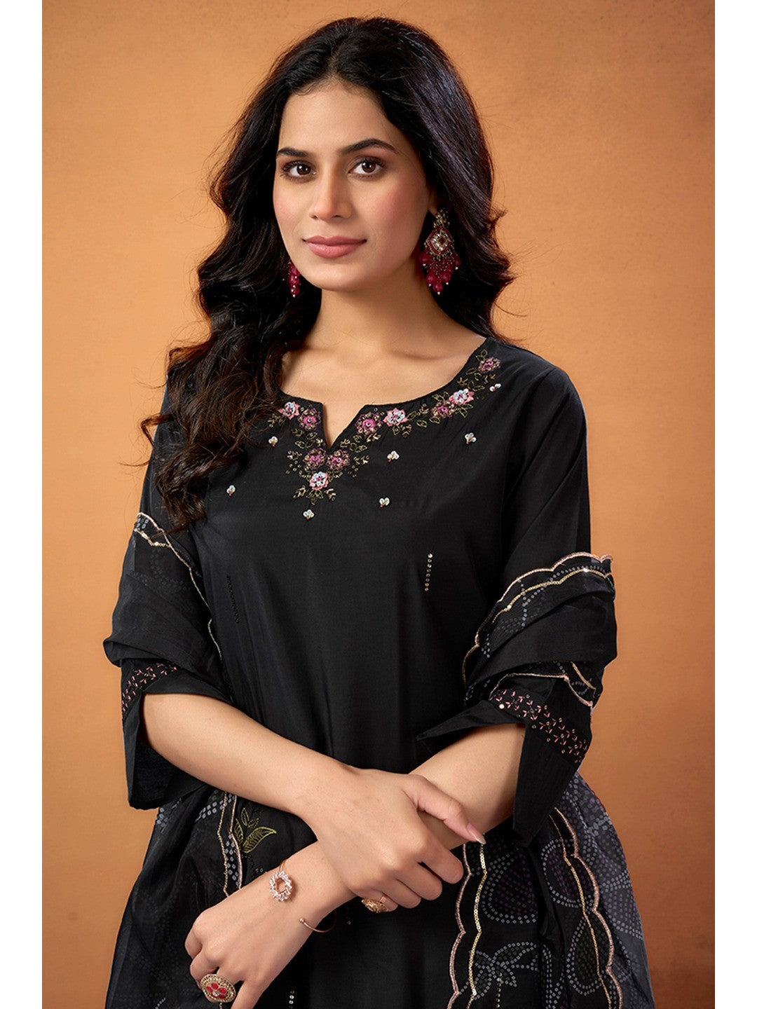 Black Sequins Embroidered Chanderi Silk Straight Salwar Suit - Image 3