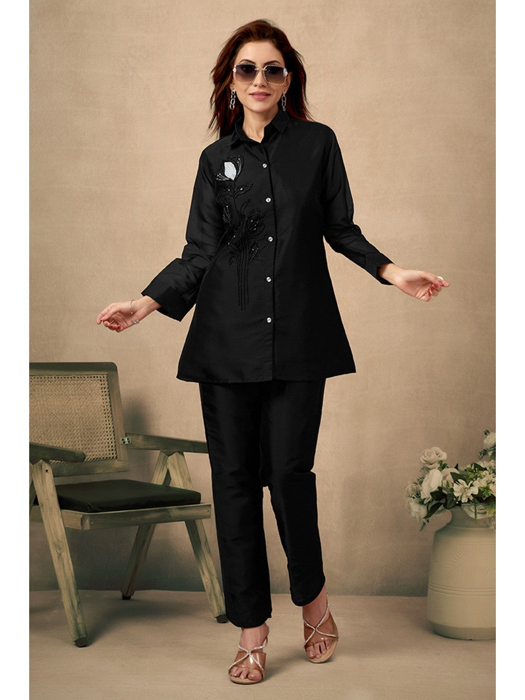 Black Stone Work Organza Straight Co-Ord Set - Image 1