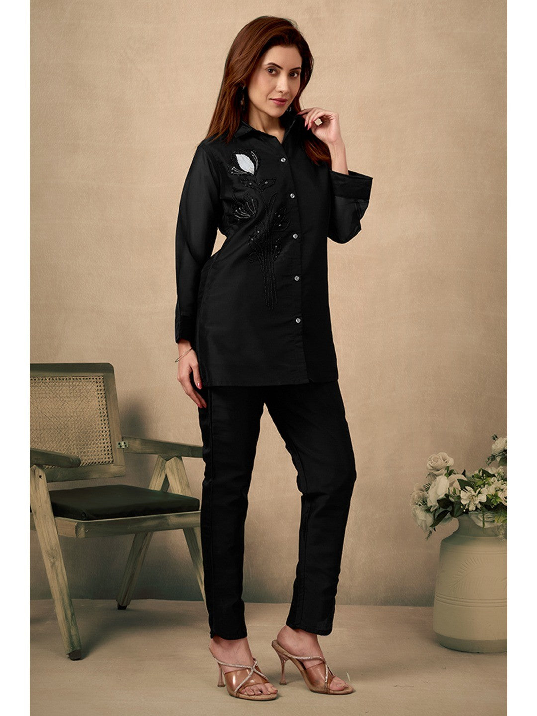Black Stone Work Organza Straight Co-Ord Set - Image 2