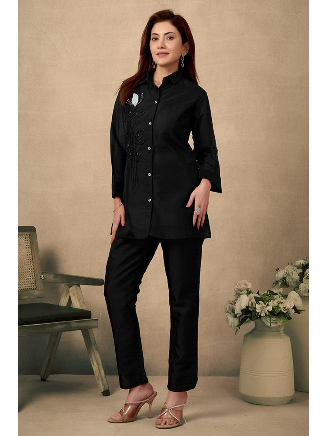 Black Stone Work Organza Straight Co-Ord Set - Image 6