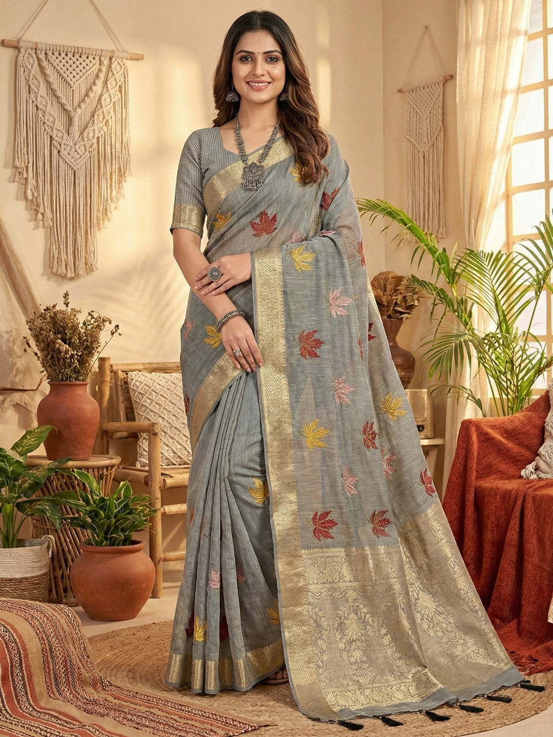 Elegant Grey Cotton Blend Saree Adorned With Leaf Embroidery & Rich Zari Weaving Work - Image 1