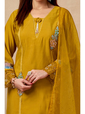 Mustard Floral Patch Work Embroidered Chanderi Straight Salwar Suit - Image 2