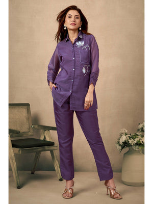 Wine Floral Pattern Beads Work Embroidered Organza Co-Ord Set - Image 1