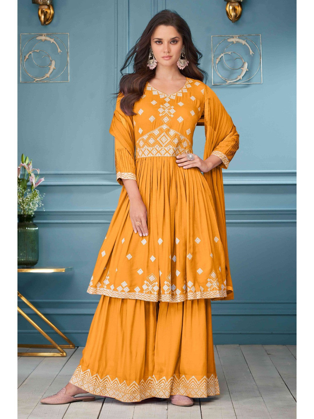Orange Floral Embroidered Rayon Palazzo Suit - Image 1