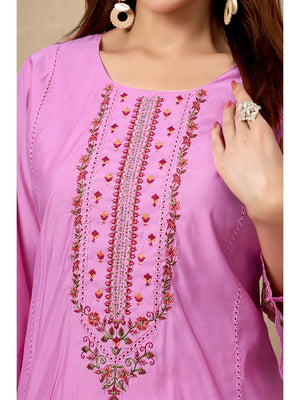 Pink Floral Embroidered Straight Salwar Suit Made of Chanderi Silk. - Image 2