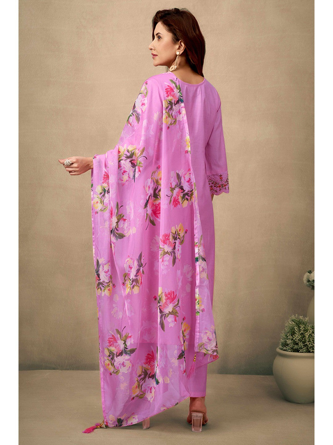 Pink Floral Embroidered Straight Salwar Suit Made of Chanderi Silk. - Image 3