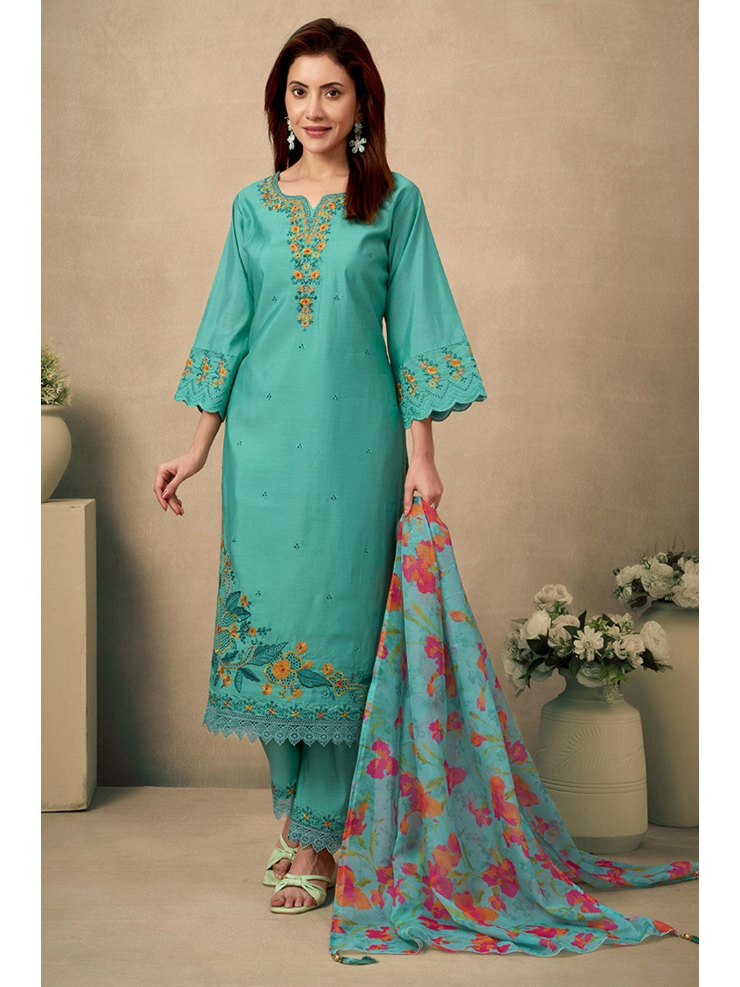 Green Floral Embroidered Straight Salwar Suit Made of Chanderi Silk. - Image 1