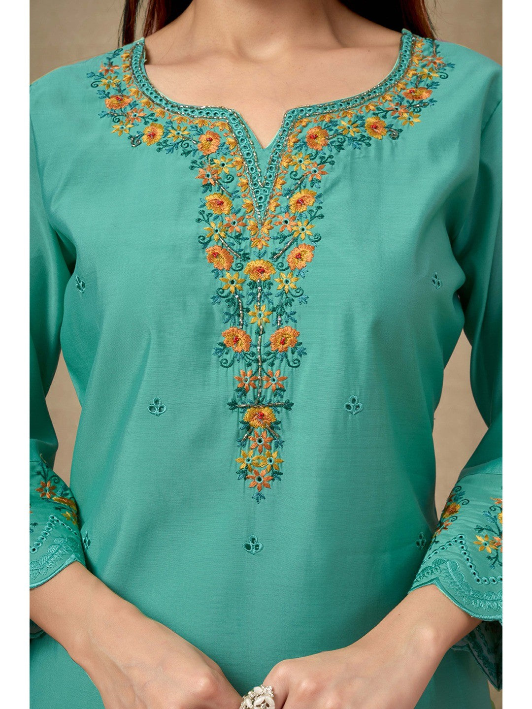 Green Floral Embroidered Straight Salwar Suit Made of Chanderi Silk. - Image 6