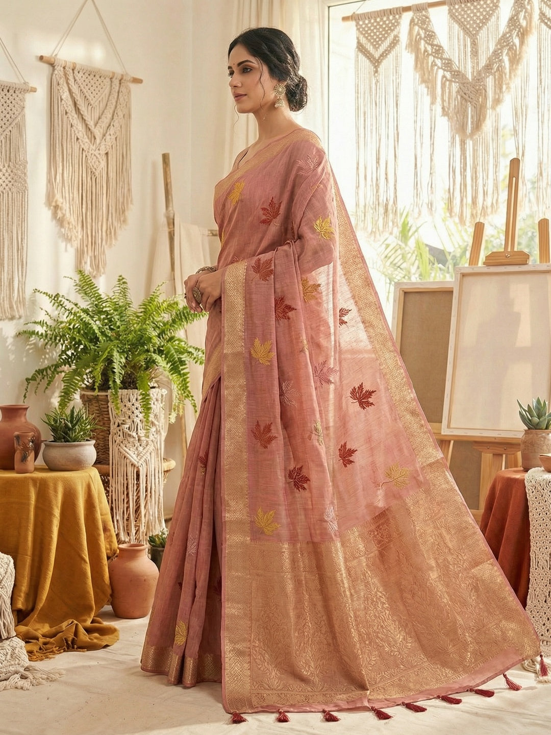 Elegant Dusty Peach Cotton Blend Saree Adorned With Leaf Embroidery & Rich Zari Weaving Work - Image 3