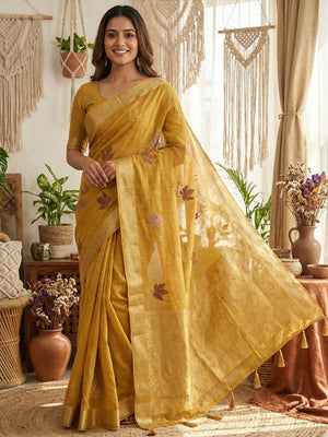 Elegant Mustard Cotton Blend Saree Adorned With Leaf Embroidery & Rich Zari Weaving Work - Image 1