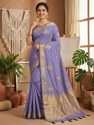 Refreshing Lavender Cotton Blend Saree Highlighted By Intricate Floral Embroidery & Zari Weaving - Image 1