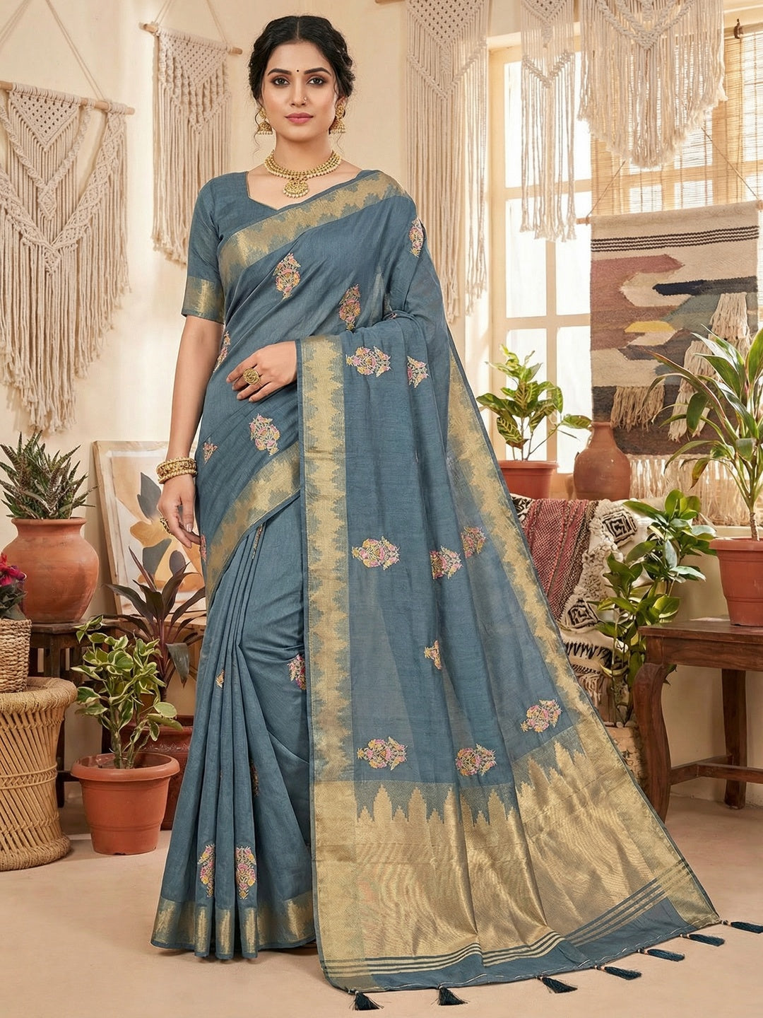 Refreshing Grey Cotton Blend Saree Highlighted By Intricate Floral Embroidery & Zari Weaving - Image 1