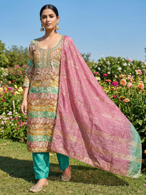 Multicolor Silk Blend Dress Material with Embroidery and Refined Thread Work - Image 1