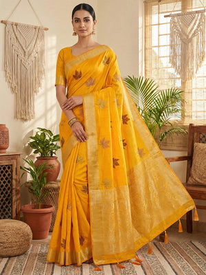 Sophisticated Yellow Cotton Blend Saree Enhanced With Leaf Embroidery & Lustrous Zari Weaving - Image 1