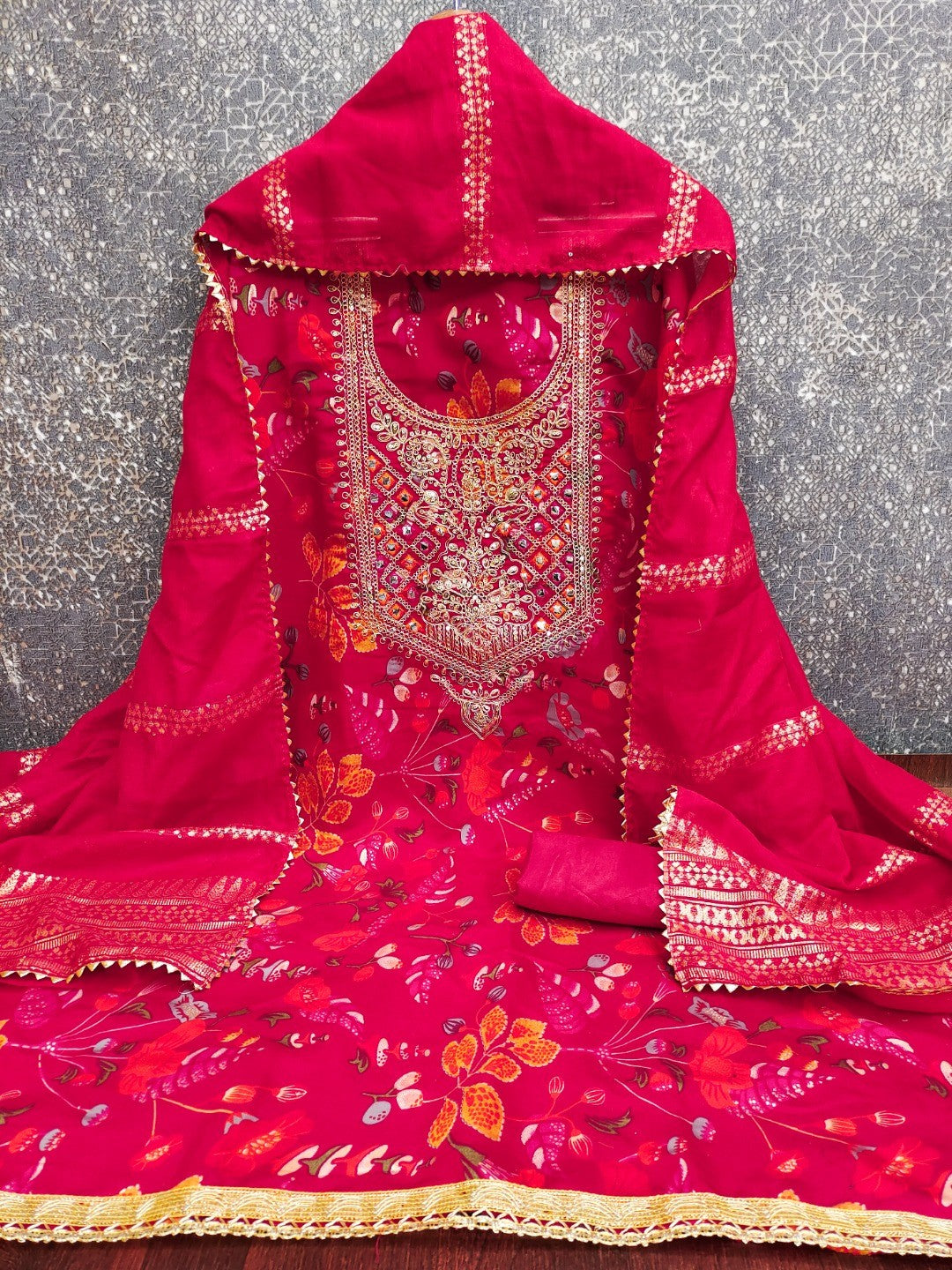 Pink Floral Print Silk Blend Dress Material with Embroidery and Timeless Floral Pattern - Image 3