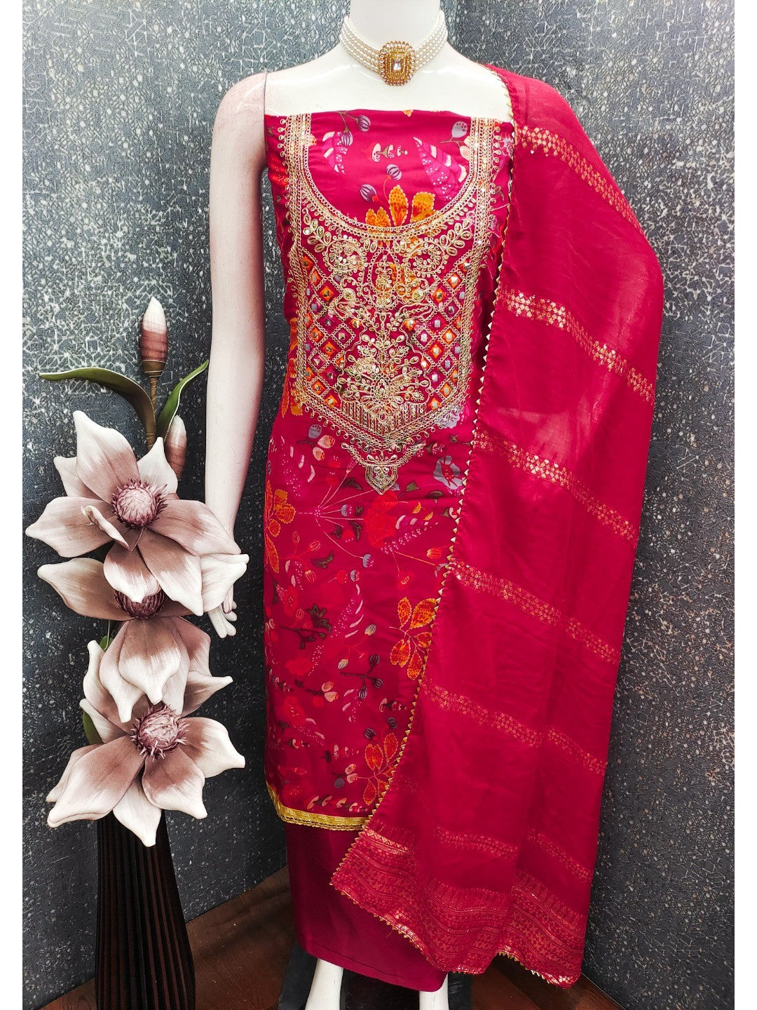 Pink Floral Print Silk Blend Dress Material with Embroidery and Timeless Floral Pattern - Image 2