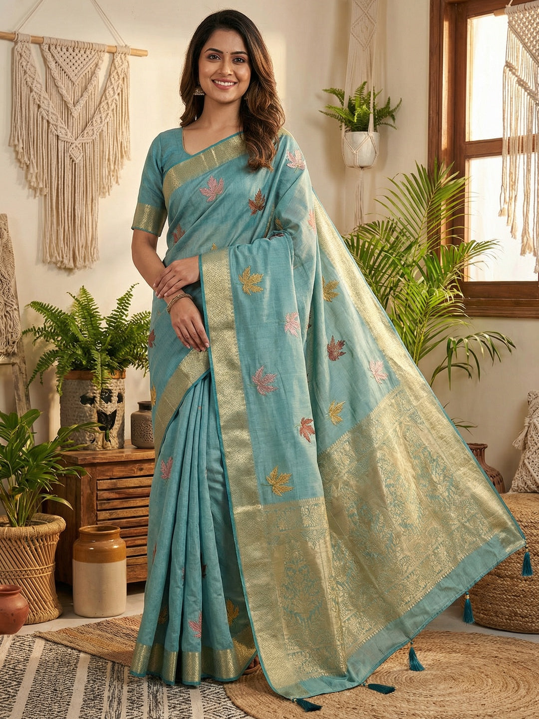 Sophisticated Blue Cotton Blend Saree Enhanced With Leaf Embroidery & Lustrous Zari Weaving - Image 1