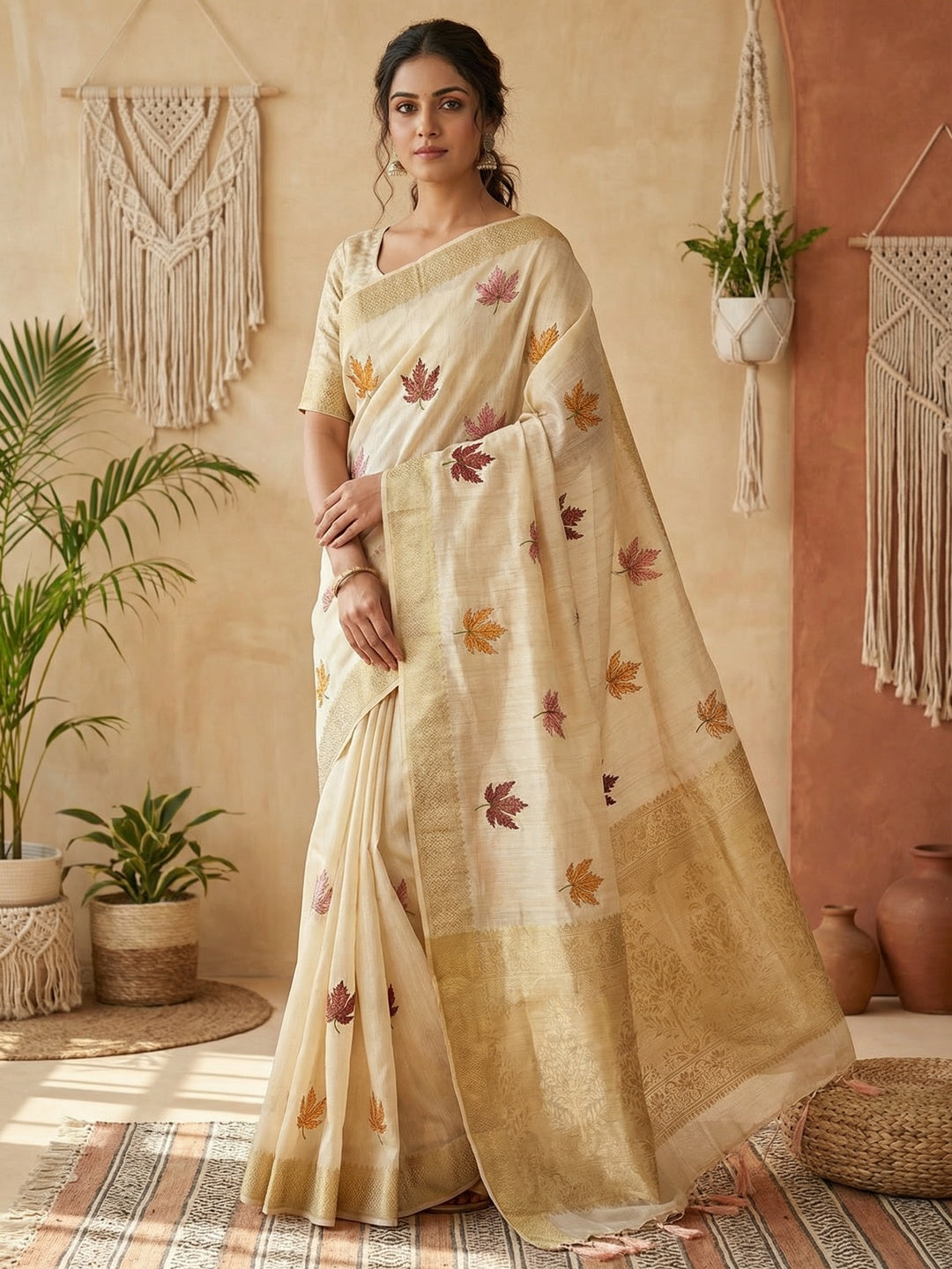 Sophisticated Cream Cotton Blend Saree Enhanced With Leaf Embroidery & Lustrous Zari Weaving - Image 1