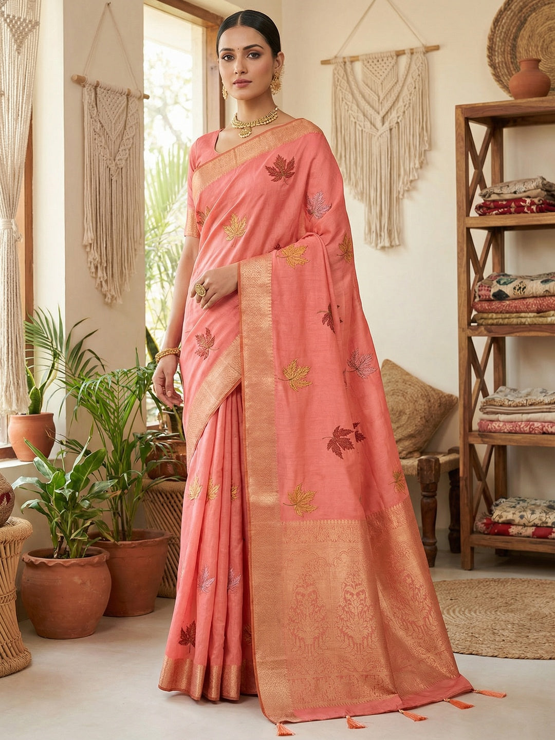 Sophisticated Coral Pink Cotton Blend Saree Enhanced With Leaf Embroidery & Lustrous Zari Weaving - Image 1