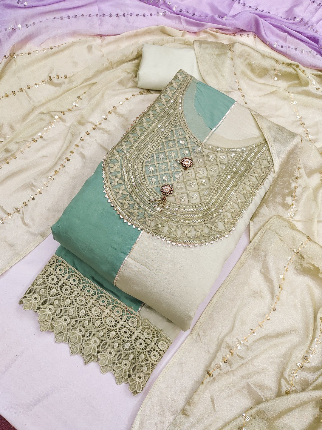 Pista Green Silk Blend Dress Material with Embroidered Neck and Detailed Craft Finish - Image 1