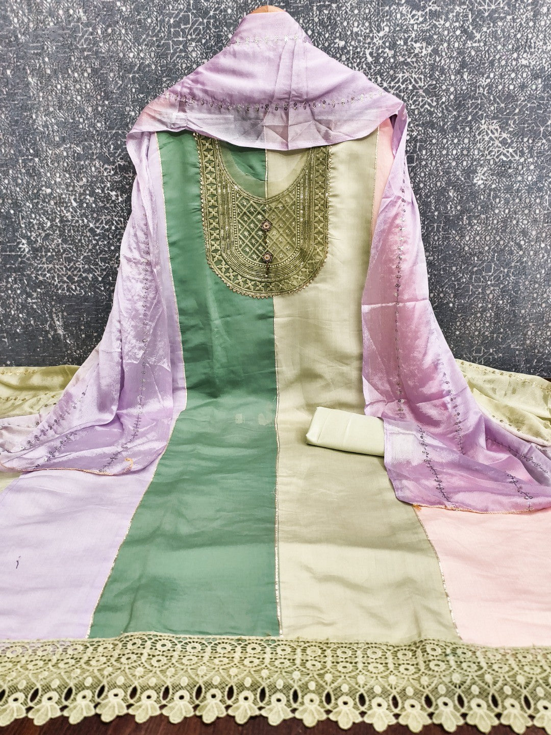 Pista Green Silk Blend Dress Material with Embroidered Neck and Detailed Craft Finish - Image 3