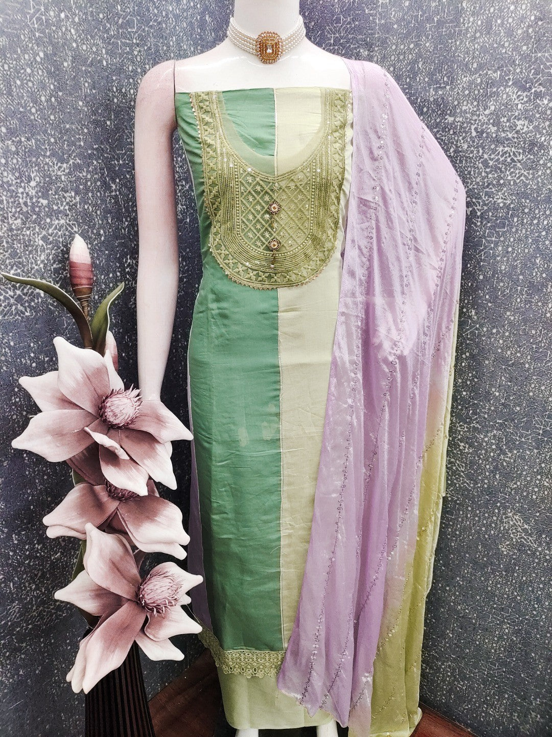 Pista Green Silk Blend Dress Material with Embroidered Neck and Detailed Craft Finish - Image 2