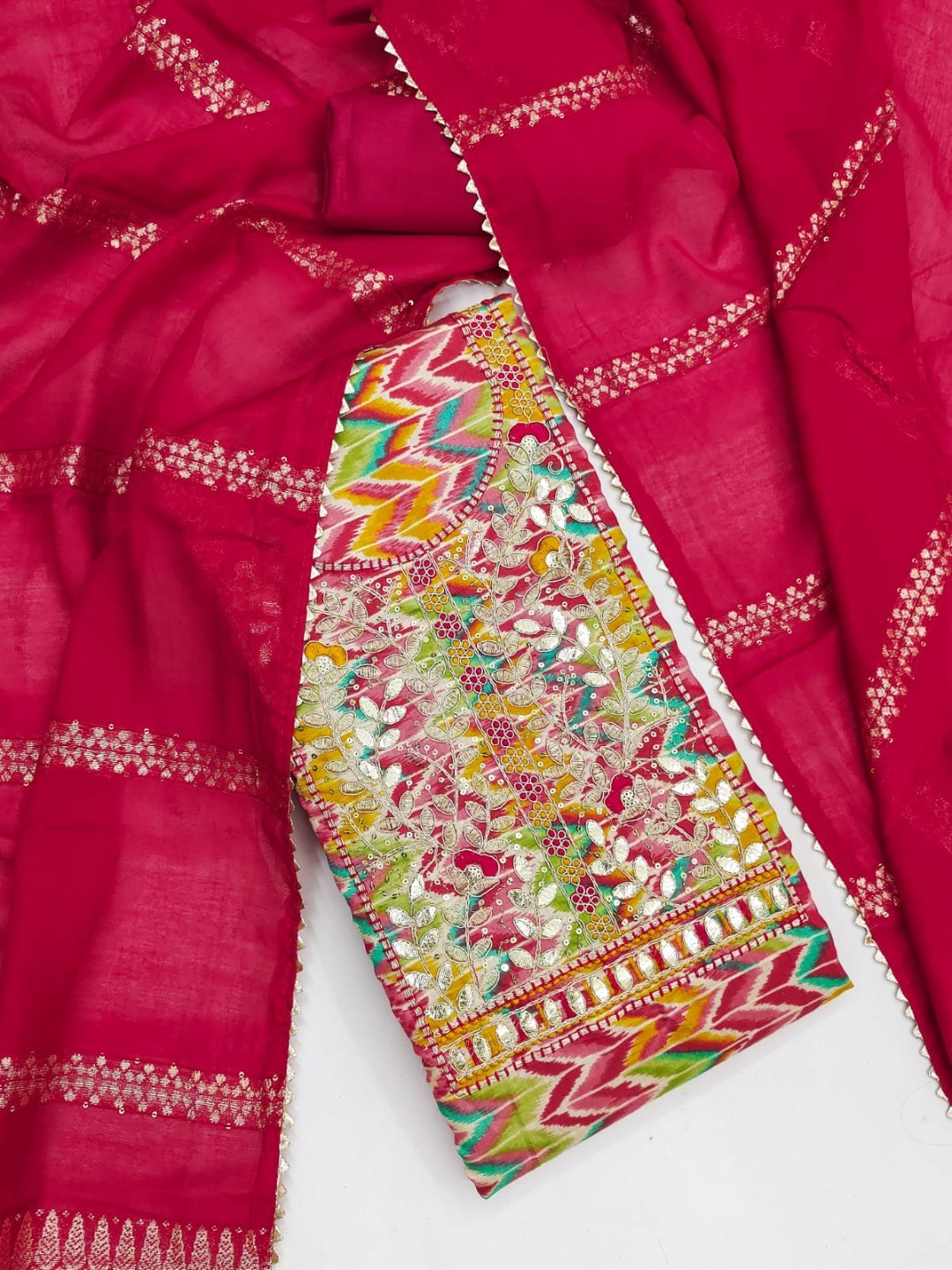 Multicolor Printed Dress Material with Red Dupatta - Image 4