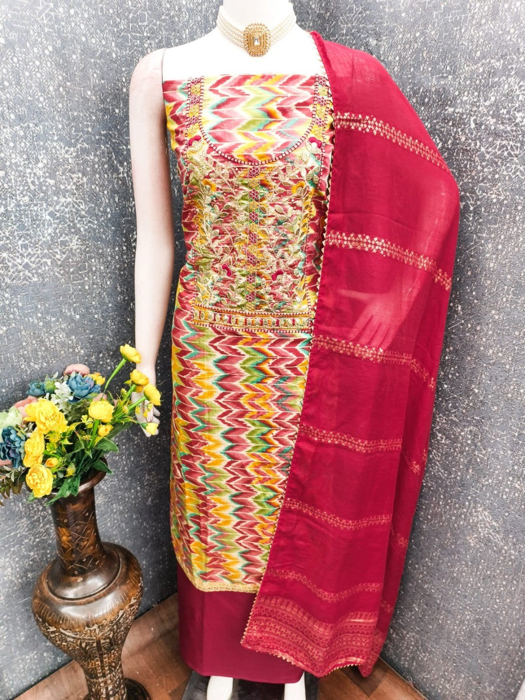 Multicolor Printed Dress Material with Red Dupatta - Image 2