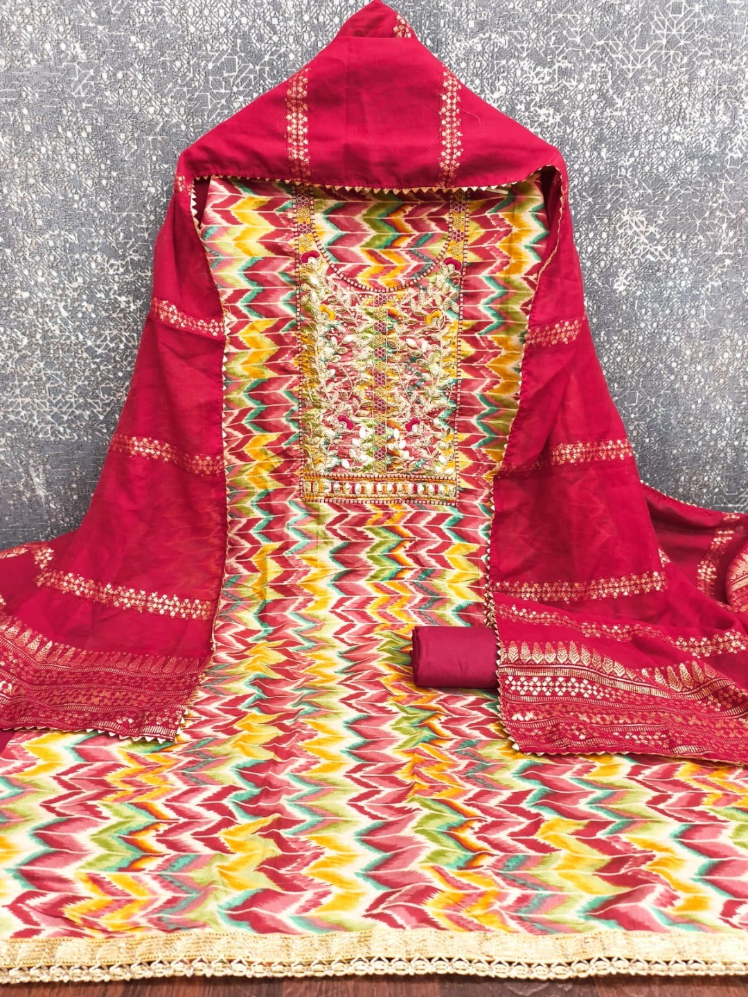 Multicolor Printed Dress Material with Red Dupatta - Image 5