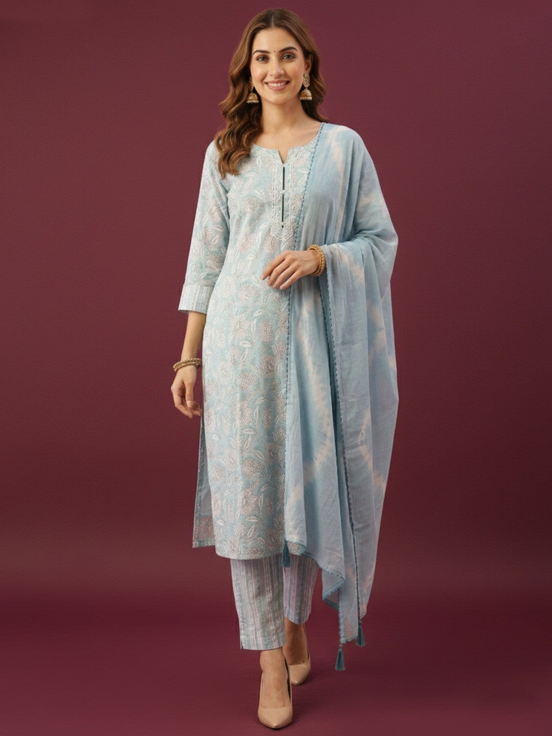 Powder Blue Floral Printed Pure Cotton Straight Salwar Suit for Elegant Day Wear - Image 1