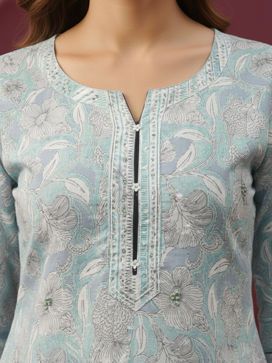 Powder Blue Floral Printed Pure Cotton Straight Salwar Suit for Elegant Day Wear - Image 2