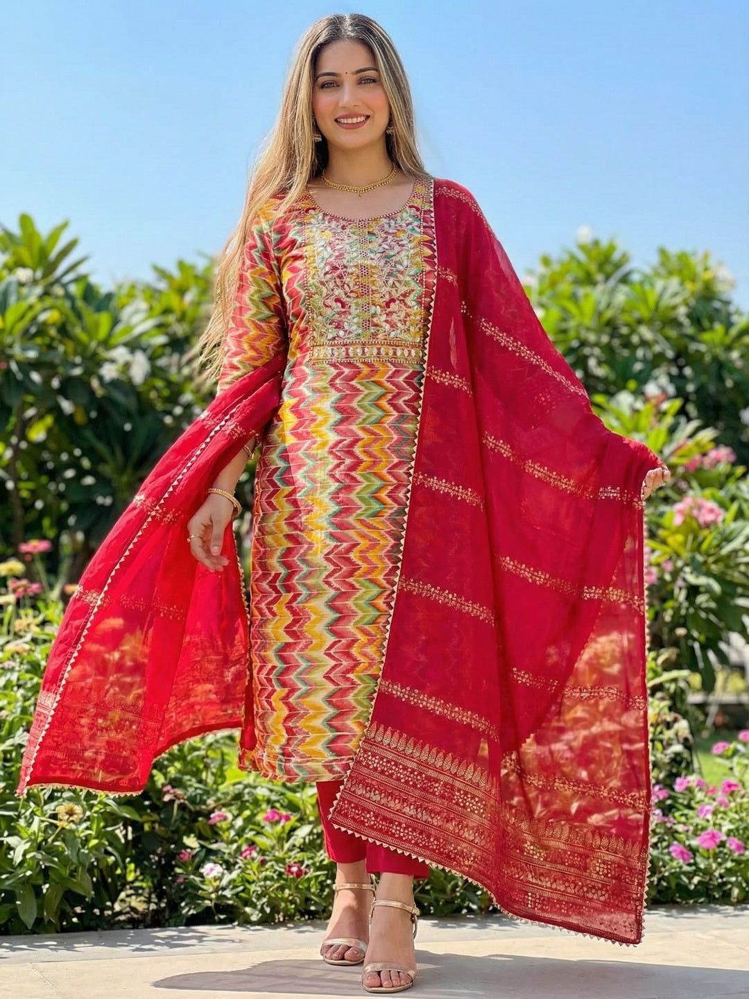 Multicolor Printed Dress Material with Red Dupatta - Image 1