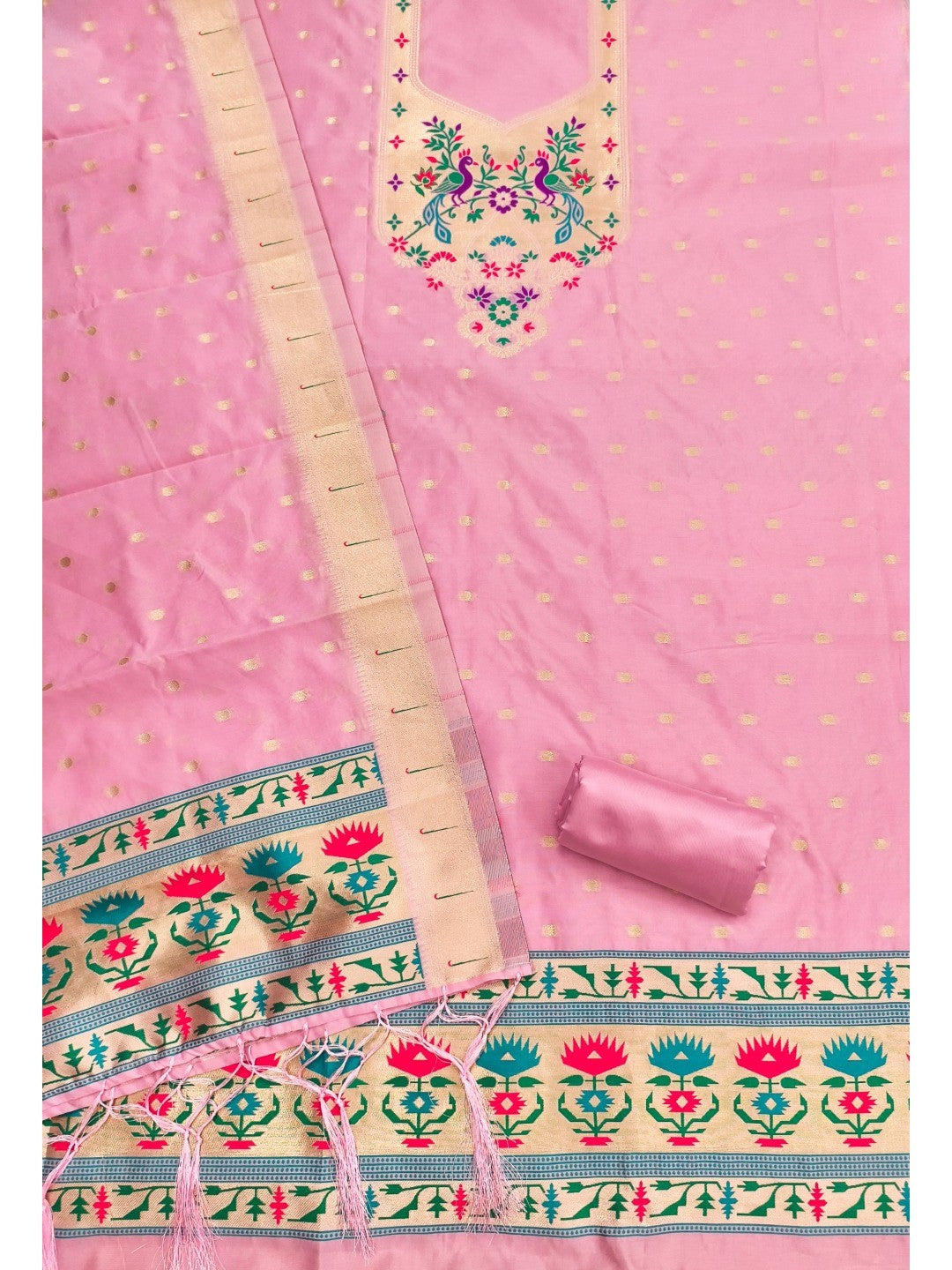 Luxury Baby Pink Floral & Peacock Design Zari Weaving Banarasi Silk Dress Material - Image 3