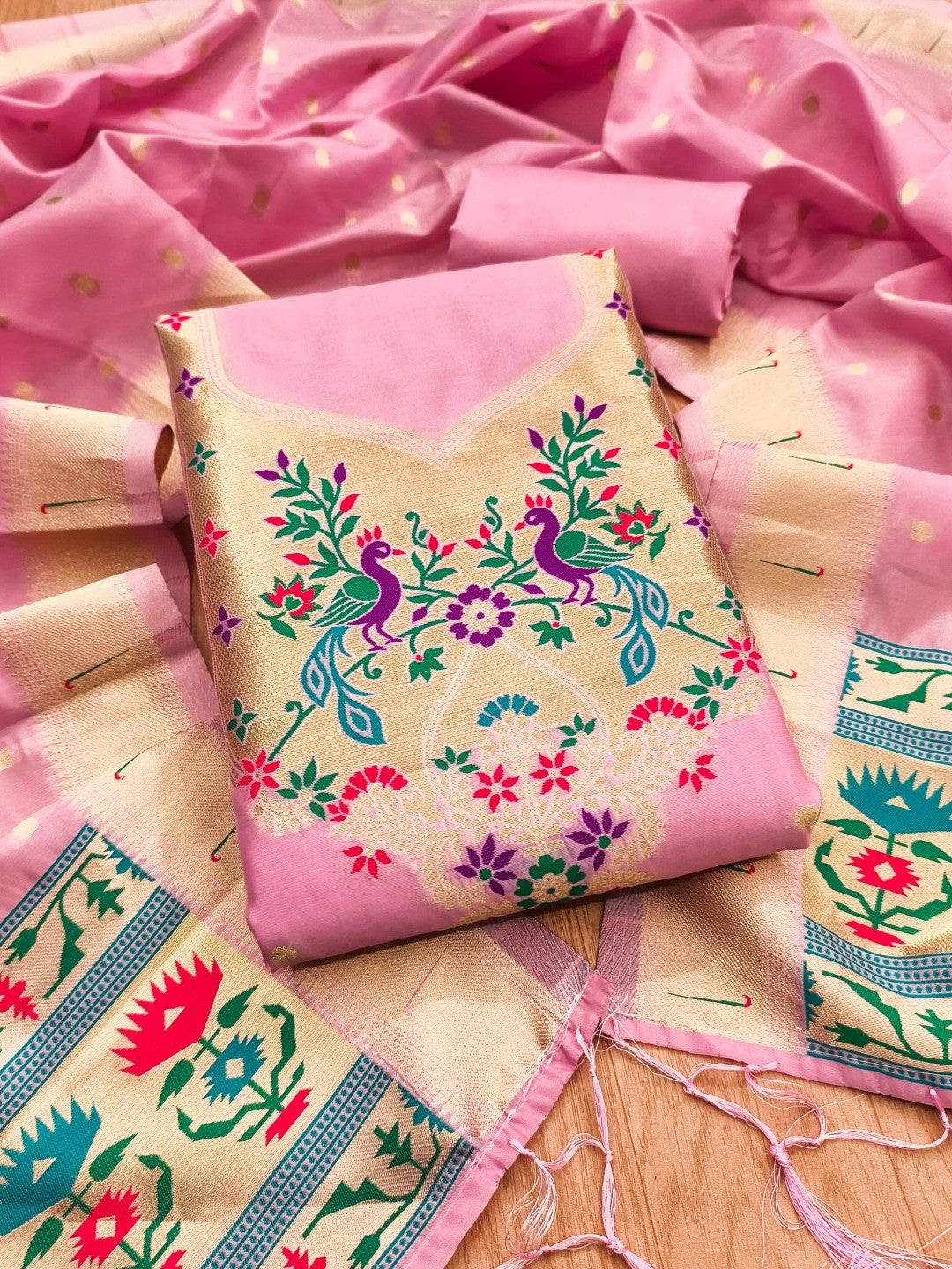 Luxury Baby Pink Floral & Peacock Design Zari Weaving Banarasi Silk Dress Material - Image 5