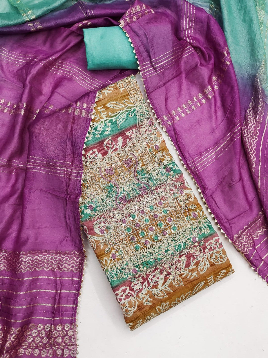 Multicolor Floral Printed Unstitched Silk Blend Dress Material with Dupatta and Detailed Craft Finish - Image 4