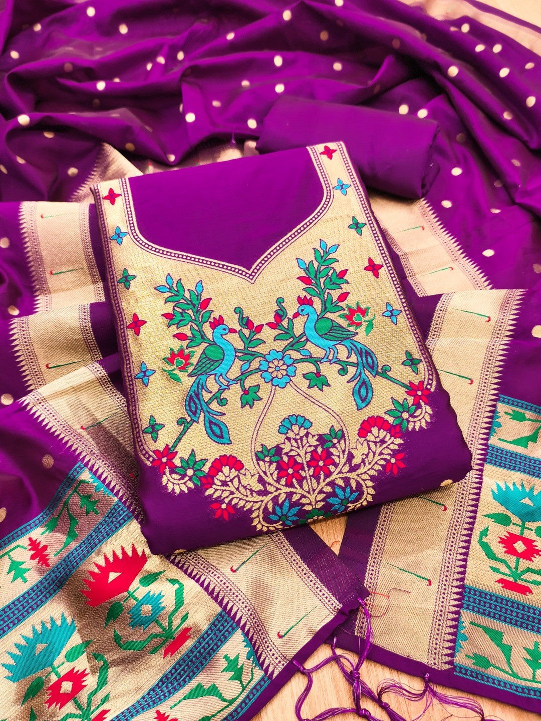 Luxury Purple Floral & Peacock Design Zari Weaving Banarasi Silk Dress Material - Image 5