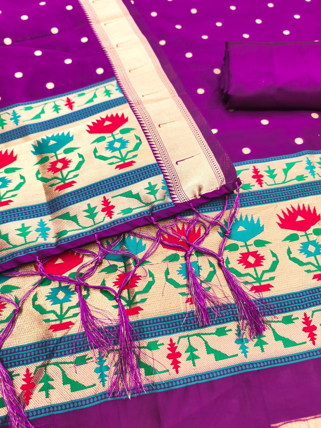 Luxury Purple Floral & Peacock Design Zari Weaving Banarasi Silk Dress Material - Image 3