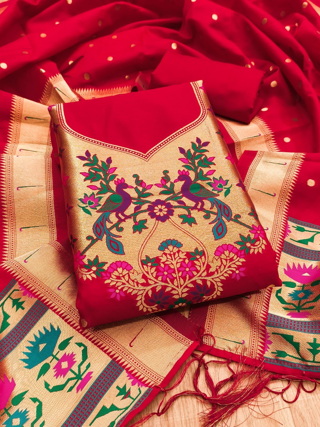 Luxury Red Floral & Peacock Design Zari Weaving Banarasi Silk Dress Material - Image 5