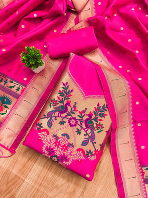 Luxury Rani Pink Floral & Peacock Design Zari Weaving Banarasi Silk Dress Material - Image 1