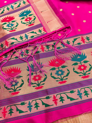 Luxury Rani Pink Floral & Peacock Design Zari Weaving Banarasi Silk Dress Material - Image 2