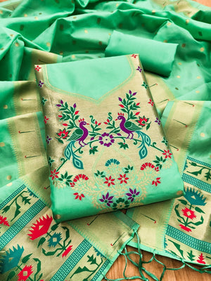 Luxury Sea Green Floral & Peacock Design Zari Weaving Banarasi Silk Dress Material - Image 1