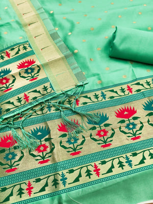 Luxury Sea Green Floral & Peacock Design Zari Weaving Banarasi Silk Dress Material - Image 2