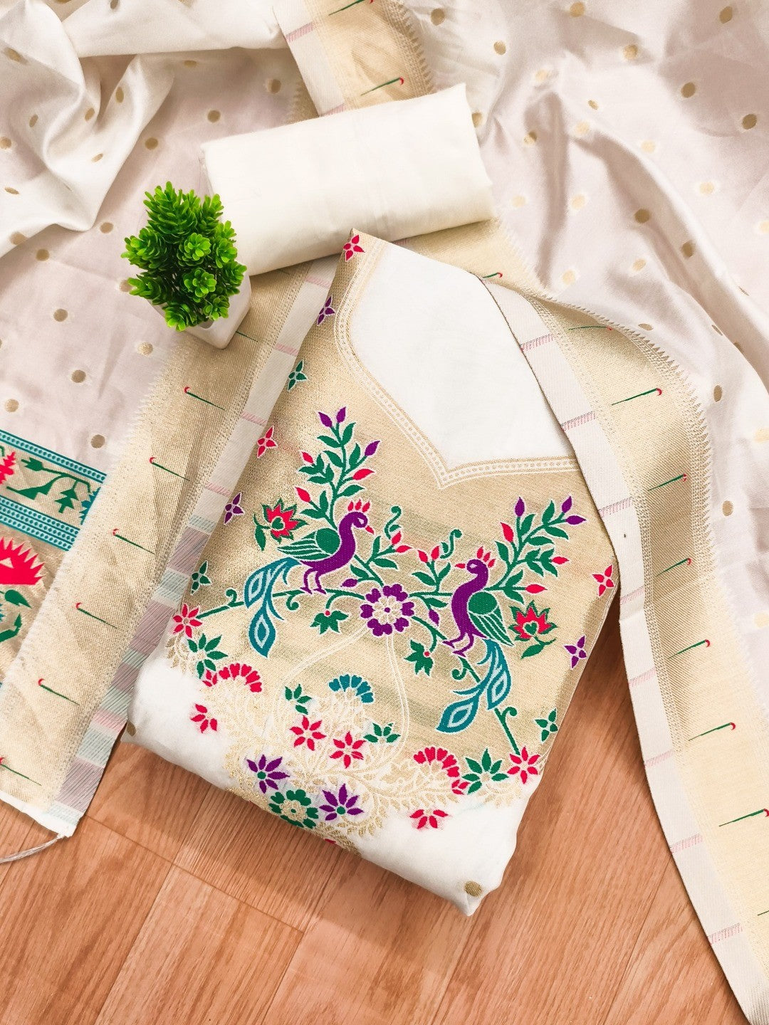 Luxury Offwhite Floral & Peacock Design Zari Weaving Banarasi Silk Dress Material - Image 4