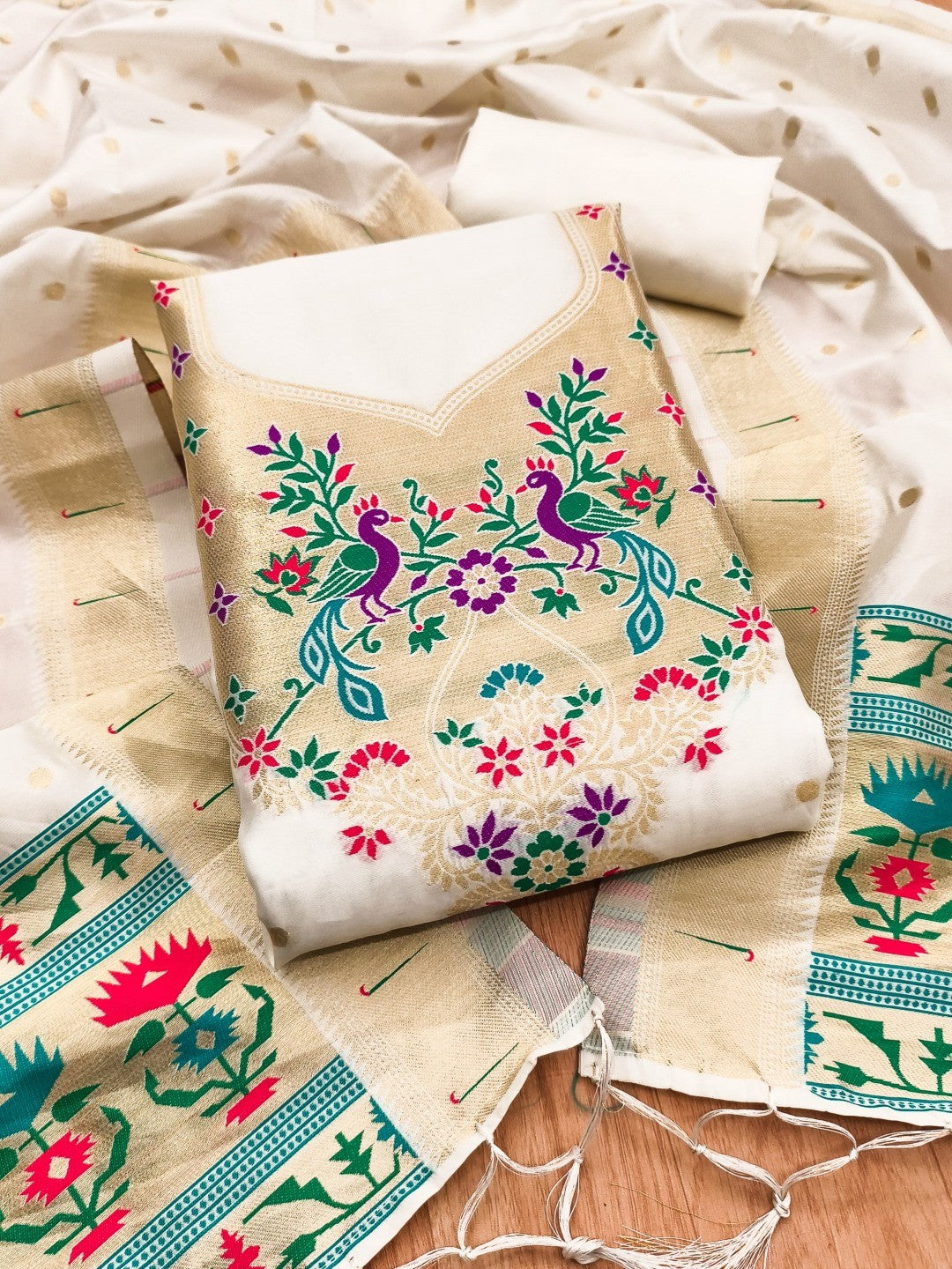 Luxury Offwhite Floral & Peacock Design Zari Weaving Banarasi Silk Dress Material - Image 5